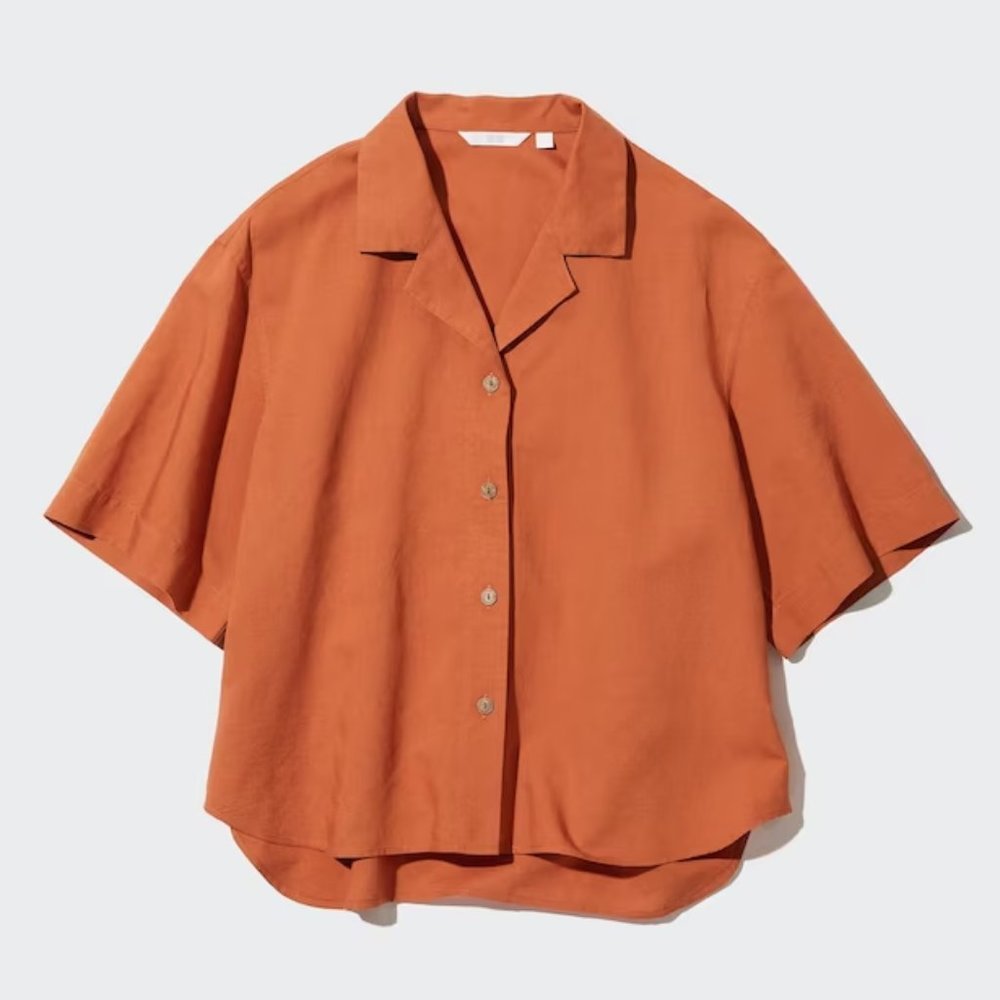 Uniqlo Linen-Blend Open Collar Short-Sleeve Shirt, XXS, Yellow, Tan, Button Up